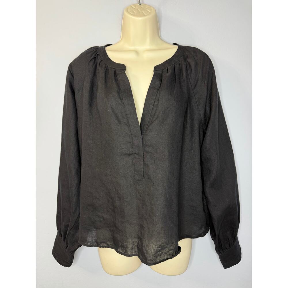 J. Crew Cabana Linen V Neck Blouse Black Long Sleeve Sz M Casual Wardrobe - Picture 4 of 13